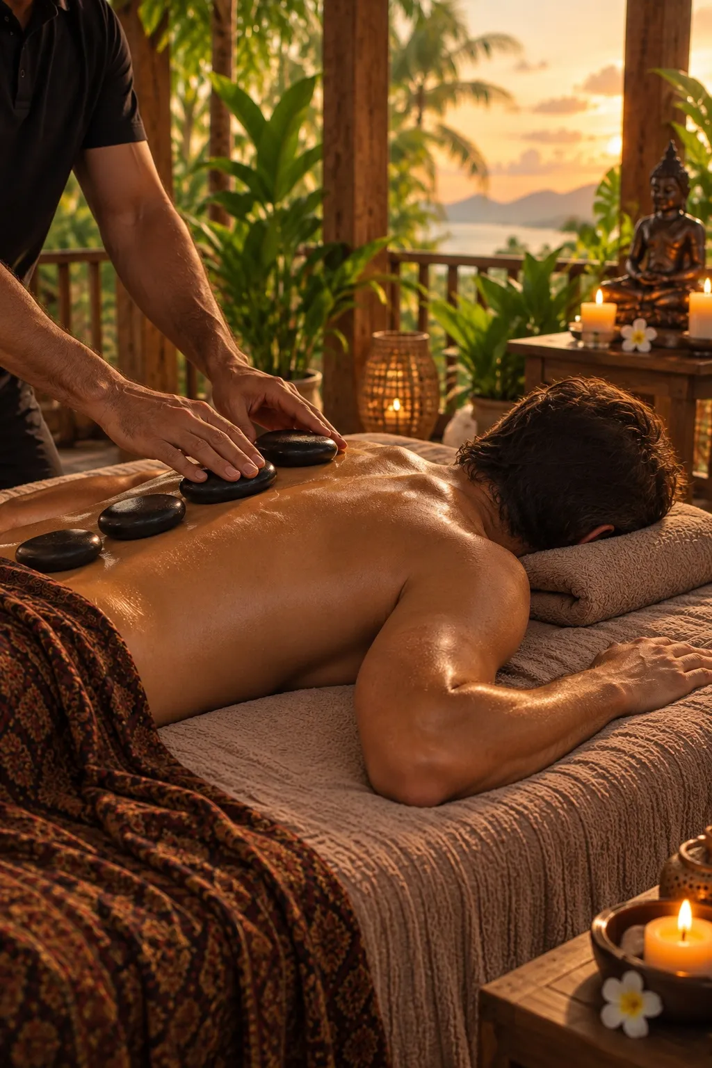 Warm basalt stones during a relaxing bodywork session
