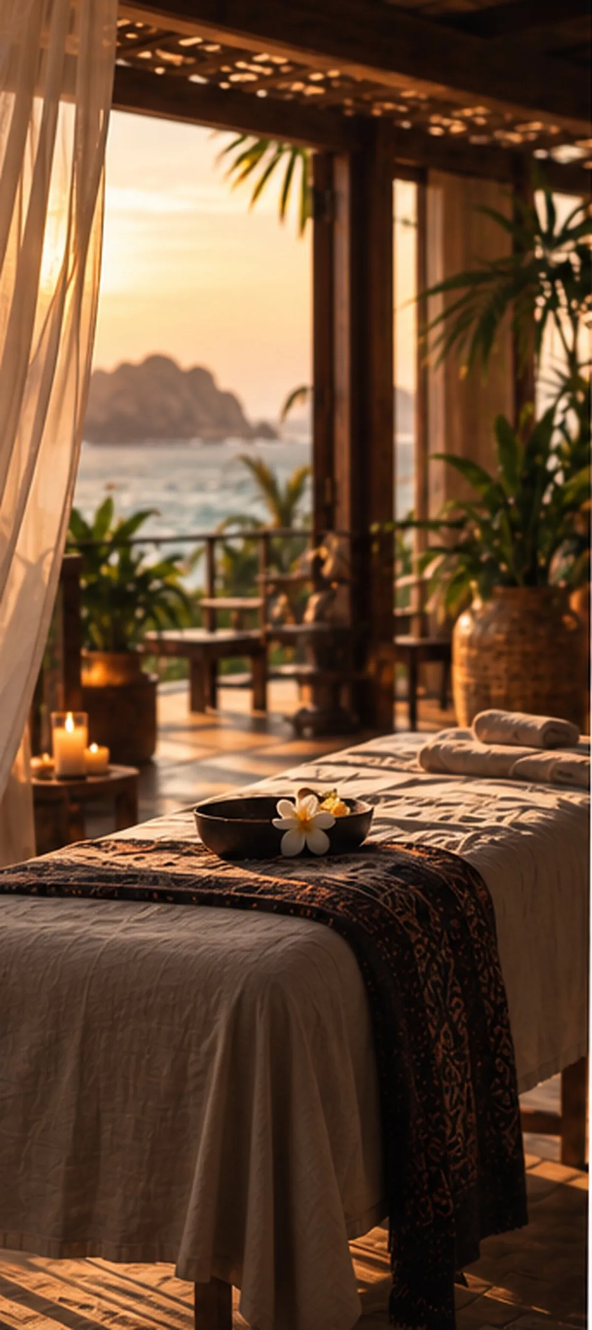 A warmly lit bodywork room overlooking the ocean