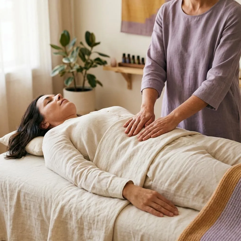 Gentle somatic touch supporting grounding and breath