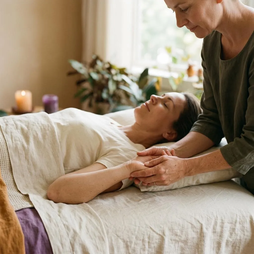 Mindful hand holding during a conscious touch session